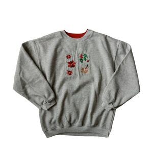 Basic Editions Vintage Sports Gray Holiday Crew Neck Pullover Sweater Size Small